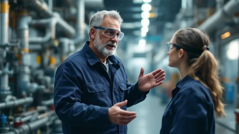 Ausbilder erklärt Auszubildender chemische Anlagentechnik in einem Leverkusener Werk