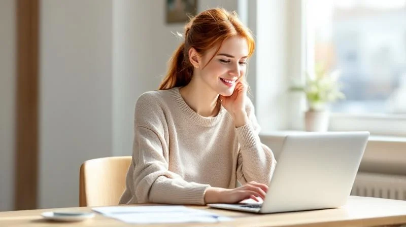 Frau in Leverkusen am Laptop bei einer Online-Weiterbildung mit Blick ins Gruene