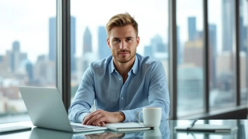Mann recherchiert Fortbildungsmoeglichkeiten in Leverkusen am Laptop