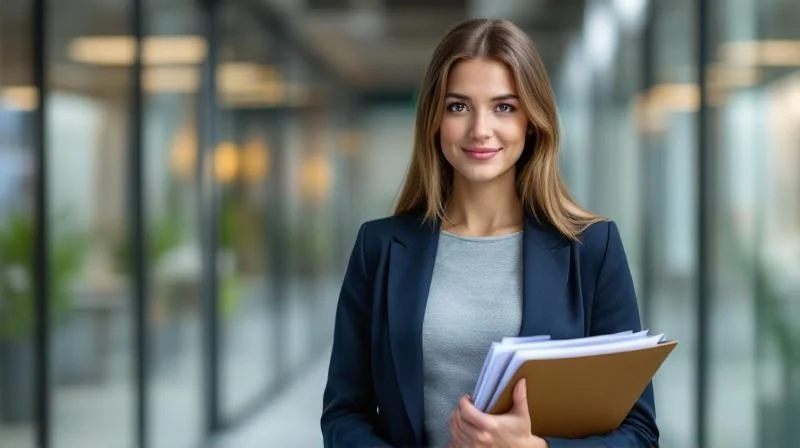 Frau mit IHK-Zertifikat in einem modernen Buero in Leverkusen