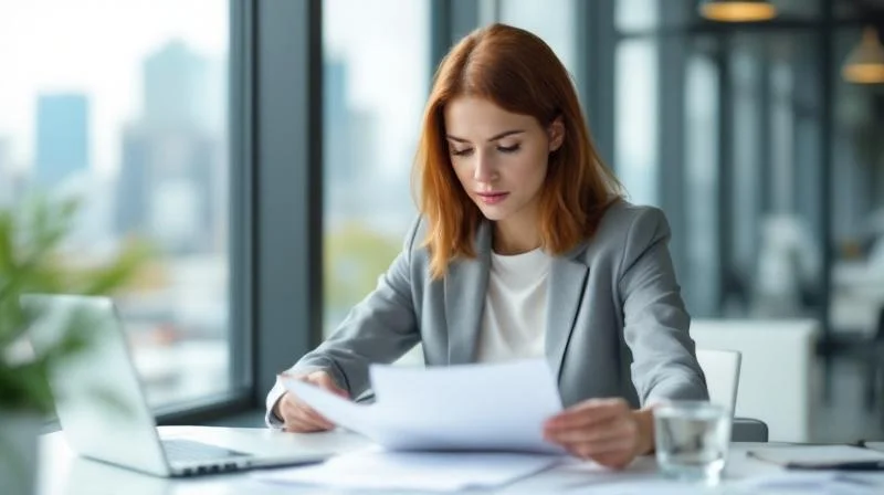 Frau liest Weiterbildungsunterlagen an einem Schreibtisch in einem modernen Buero in Leverkusen