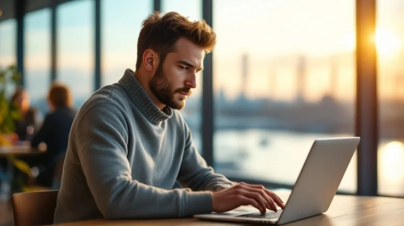 Leverkusener Angestellter im Coworking-Space mit Laptop, im Hintergrund Chempark-Silhouette und Rhein
