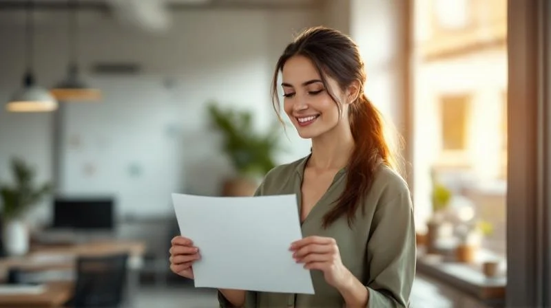 Frau in Leverkusen haelt stolz ihre IHK-Urkunde nach bestandener Pruefung