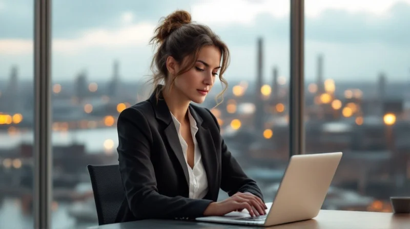 Geschäftsführerin im Leverkusener Büro mit Blick auf Chempark-Skyline und Rhein