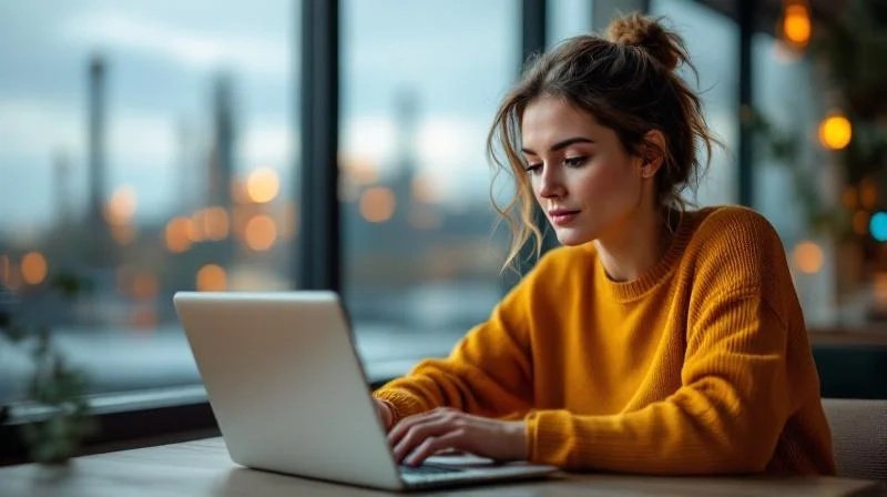 Quereinsteiger arbeitet konzentriert am Laptop in einem hellen Coworking-Space mit Blick auf den Leverkusener Chempark