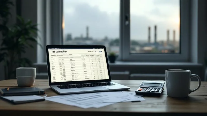Schreibtisch mit Steuerformularen und Laptop in einer Leverkusener Wohnung mit Blick auf den Chempark