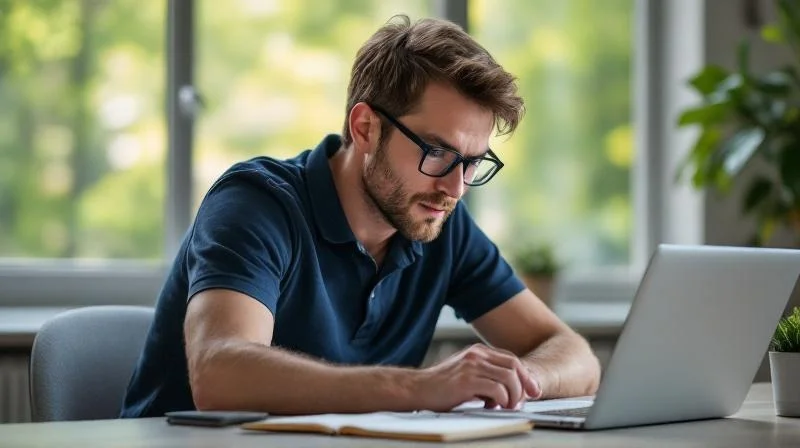 Mann in Leverkusen vor einem Laptop bei einer beruflichen Online-Weiterbildung