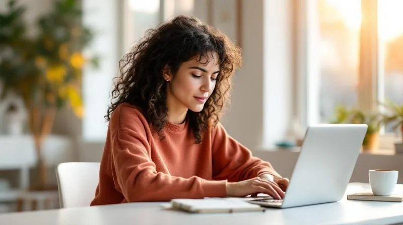 Frau lernt am Laptop in einem hellen Raum mit Blick auf die Leverkusener Skyline