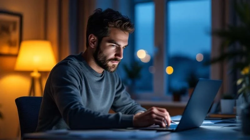 Mann lernt abends am Schreibtisch fuer den Wirtschaftsfachwirt in Leverkusen